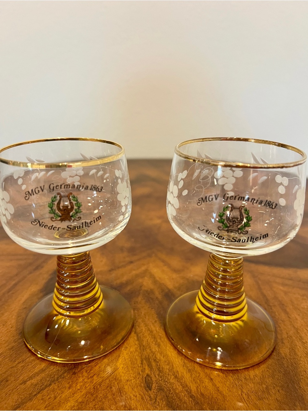 2 Vintage Amber Beehive Stem German Roemer Wine Glasses Etched Grapes